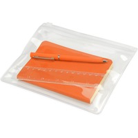 Компактный канцелярский набор SOFTY: ручка софт-тач шариковая d0,8 х 13,5 см, синие черннила, линейка 15 см, блокнот А6, пенал 19 х 14,9 см, оранжевый