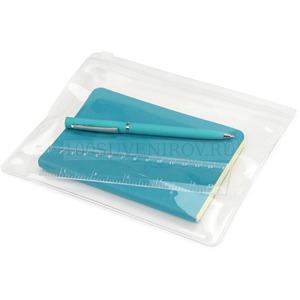 Фото Компактный канцелярский набор SOFTY: ручка софт-тач шариковая d0,8 х 13,5 см, синие черннила, линейка 15 см, блокнот А6, пенал 19 х 14,9 см (голубой)