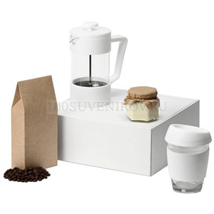 Фото Подарочный набор для кофе БОДРОЕ УТРО в подарочной коробке с бумажным наполнителем: френч-пресс 600 мл, стеклянный стакан, 350 мл, кофе зерновой 100 г., баночка крем-меда  «Eat & Bite»