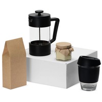 Подарочный набор для кофе БОДРОЕ УТРО в подарочной коробке с бумажным наполнителем: френч-пресс 600 мл, стеклянный стакан, 350 мл, кофе зерновой 100 г., баночка крем-меда 