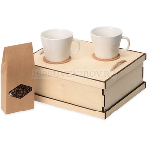 Фото Подарочный набор для любителей кофе КОФЕБРЕЙК: набор чашек 275 мл с костерами, кофе «100% Арабика», 100 г. в деревянной коробке, 29,4 х 24,4 х 11,2 см (чашки- белый, костеры- светло-коричневый, коробка- натуральный)