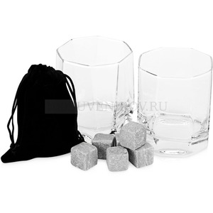 Фото Фирменный набор для виски BUDDIES: бокал, 300 мл. - 2 шт, камни для охлаждения - 6 шт, бархатный мешочек для камней в коробке  «Master of Wine» (прозрачный, серый)