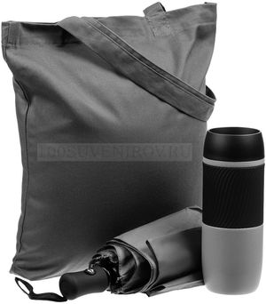 Фото Городской набор для прогулок MONSOON CLUB: большой герметичный термостакан на 600 мл, складной зонт в сумке.  (серый)