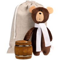 Подарочный набор ВСЕ МЕДВЕДИ ЛЮБЯТ МЕД!: мед в бочонке, игрушка мишка с белым шарфом, холщовый мешок.  