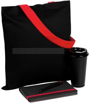 Фото Велком-пак VELOURS BAG: ежедневник, стакан с крышкой, 450 мл., фирменная ручка Prodir DS1 TMM Dot в холщовой сумке, черный с красным «Сделано в России»