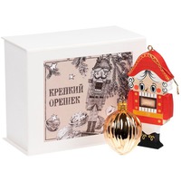 Новогодний подарочный набор КРЕПКИЙ ОРЕШЕК: елочная игрушка Золотой Орех, елочная фигурка Щелкунчик.