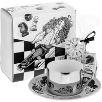 Чайный набор ВРЕМЯ ЧУДЕС с шоколадом в подарочной коробке. В наборе фарфоровая чайная пара с принтом и зеркальной чашкой, 220 мл, мини-шоколадки, 10 шт. по 5 гр.  