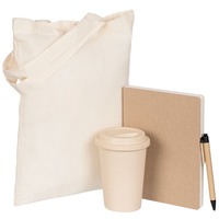 Эконабор Eco Citizen: ежедневник с обложкой из крафт-картона, стакан из бамбукового волокна, ручка из картона, холщовая сумка. 