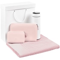 Женский набор FLORIDITA в подарочной коробке: большая и маленькая розовые косметички из кожи, белая смарт-бутылка с ситечком и датчиком температуры, розовое полотенце.
