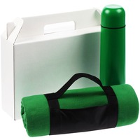 Подарочный набор Warmheart с дорожным пледом и термосом, зеленый. Набор упакован в коробку.