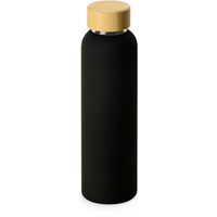 Стеклянная бутылка с бамбуковой крышкой FOGGY, матовая, под печать логотипа, 600 мл, d6,6 х 24 см, черный