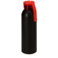 Металлическая герметичная черная бутылка для воды JOLI с яркой крышкой, с ремешком, матовая, под круговое нанесение логотипа, 650 мл, d6,5 х 22,7 см, красный