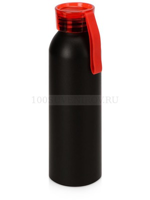 Фото Металлическая герметичная черная бутылка для воды JOLI с яркой крышкой, с ремешком, матовая, под круговое нанесение логотипа, 650 мл, d6,5 х 22,7 см (красный)