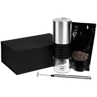 Подарочный набор для кофеманов DESCANSO: портативная кофемолка, вспениватель молока, кофе в зернах. Набор упакован в коробку с наполнителем. 