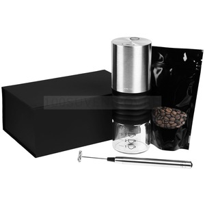 Фото Подарочный набор для кофеманов DESCANSO: портативная кофемолка, вспениватель молока, кофе в зернах. Набор упакован в коробку с наполнителем.  (черный)