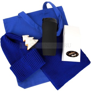 Фото Подарочный новогодний набор WINTER SAFE: термостакан, 350 мл., шарф и шапка, черный чай, печенье Елка  в холщовой сумке, синий