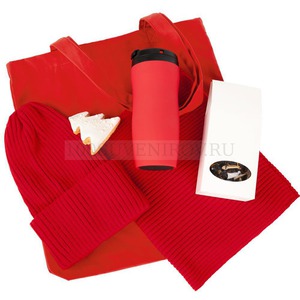 Фото Подарочный новогодний набор WINTER SAFE: термостакан, 350 мл., шарф и шапка, черный чай, печенье Елка  в холщовой сумке, красный