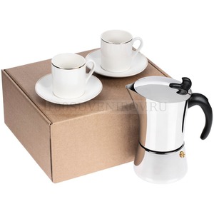 Фото Кофейный набор CoFFEE FIRST: 2 чайных пары, 100 мл., кофеварка (6 порций эспрессо), 240 мл. в коробке.  «Molti»