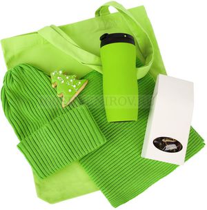 Фото Подарочный новогодний набор WINTER SAFE: термостакан, 350 мл., шарф и шапка, черный чай, печенье Елка  в холщовой сумке.  (зеленый)