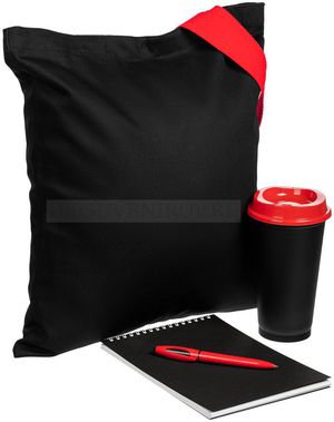Фото Набор для конференции TAKE PART: холщовая сумка, стакан с крышкой, 450 мл., блокнот А5 в клетку, ручка шариковая, черный с красным