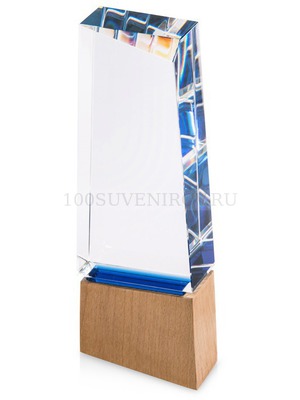 Фото Минималистичная награда стела KONIX из стекла на деревянном постаменте, 9,4 х 3,6 х 20,8 см. Подарочная коробка.  (прозрачный, синий, дерево)