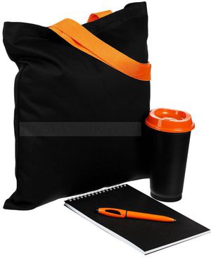 Фото Набор для конференции TAKE PART: холщовая сумка, стакан с крышкой, 450 мл., блокнот А5 в клетку, ручка шариковая, черный с оранжевым
