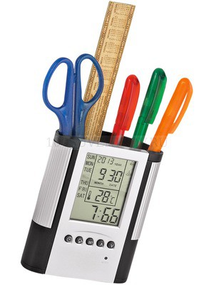 Фото Подставка под ручки с часами, календарем и термометром (черный, серебристый)