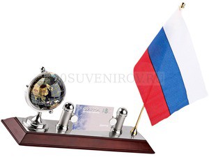 Фото Настольный прибор «Куранты»: подставка под визитки, глобус, флаг России (серебристый, коричневый, разноцветный)