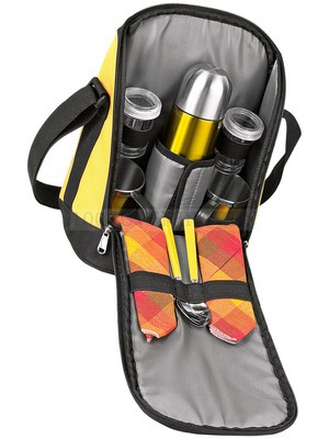 Фото Набор для пикника: термос на 500 мл, 2 кружки, 2 ложки, салфетки, емкости для сахара и специй в сумке с ремнем на плечо (черный,желтый)