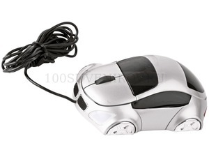 Фото Мышка оптическая в форме машинки с подсветкой фар, работающая от USB (серебристый, черный)