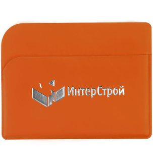 Фотография тиснение фольгой: Горизонтальный оранжевый чехол для карточек DORSET из искусственной кожи, три отделения для карточек, 10х7,2 см. Тиснение бесцветное, полноцветная уф-печать. 